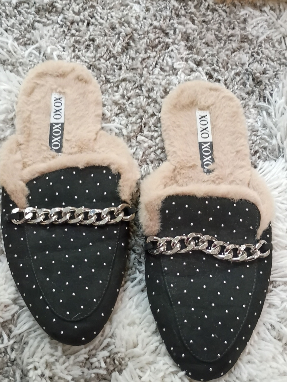 XOXO Black Faux-Fur Lined Mules with Silver Chain & Stud Accents